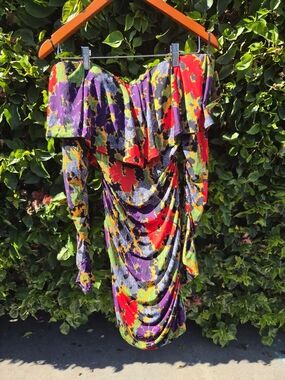 Revolve AFRM Off Shoulder Bodycon Dress Small Floral Ruffle Ruched Stretch